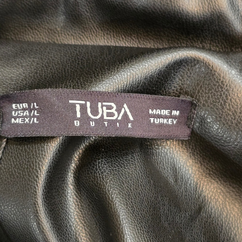 Tuba Butik Womens Black Faux Leather Cropped Moto Biker Jacket Belted Size Large - Picture 8 of 10